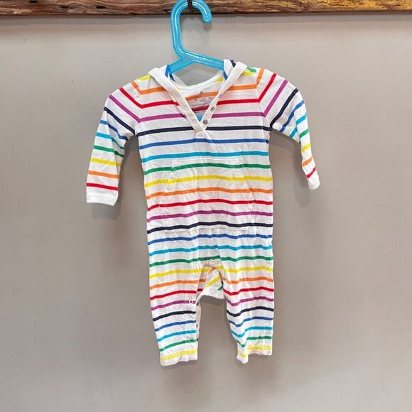 Primary Rainbow Striped Baby Romper With‎ Hood & Snaps 6-12 Months - Picture 1 of 3
